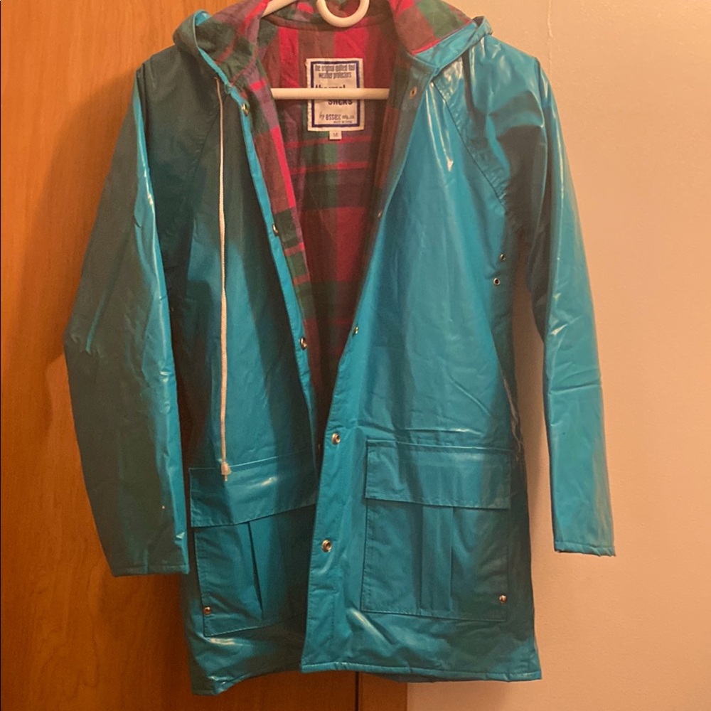 Teal Hooded Raincoat with Plaid Lining